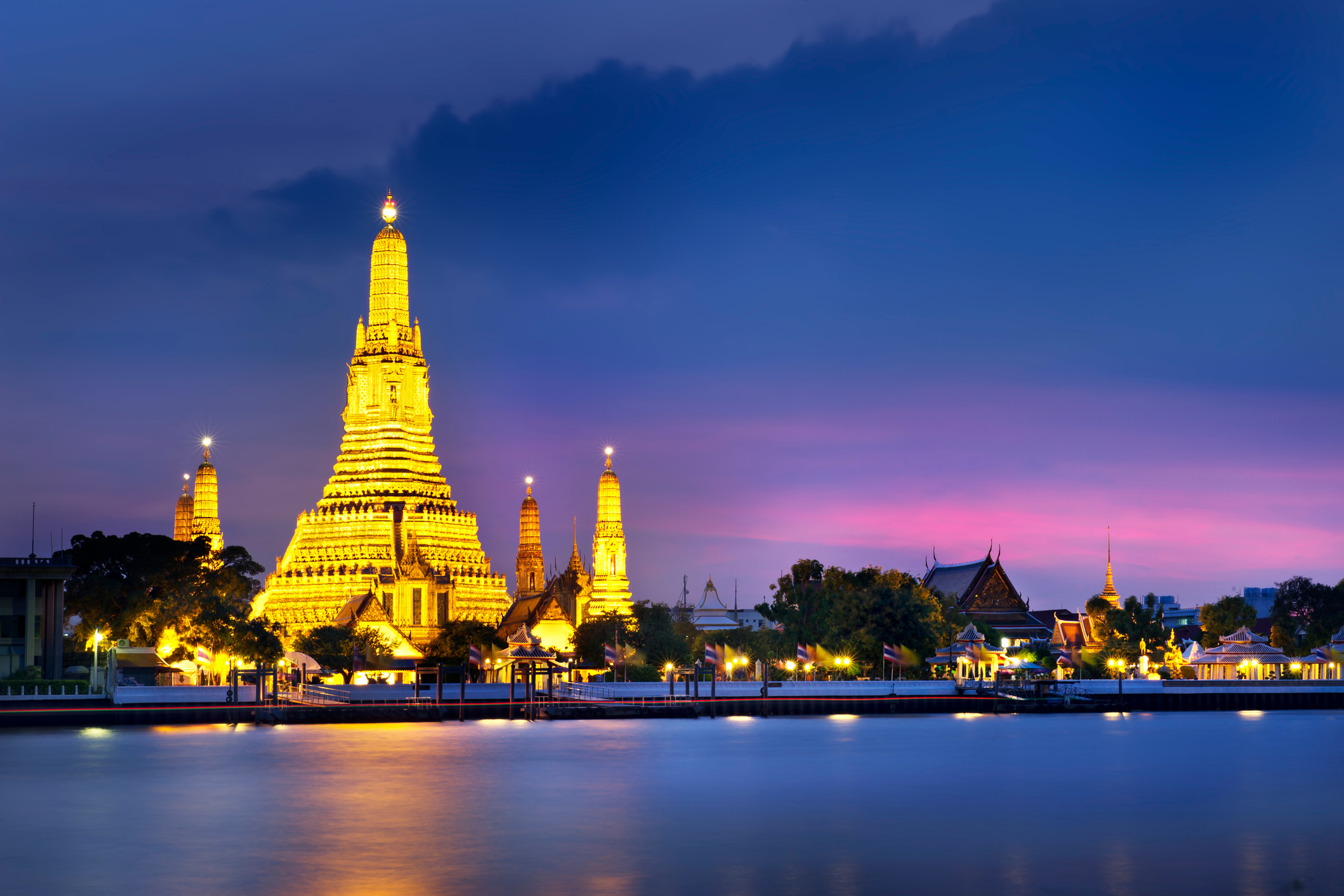 Night view of an illuminated landmark in Bangkok